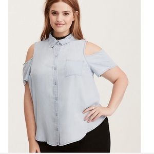 TORRID DENIM COLLARED COLD SHOULDER TOP